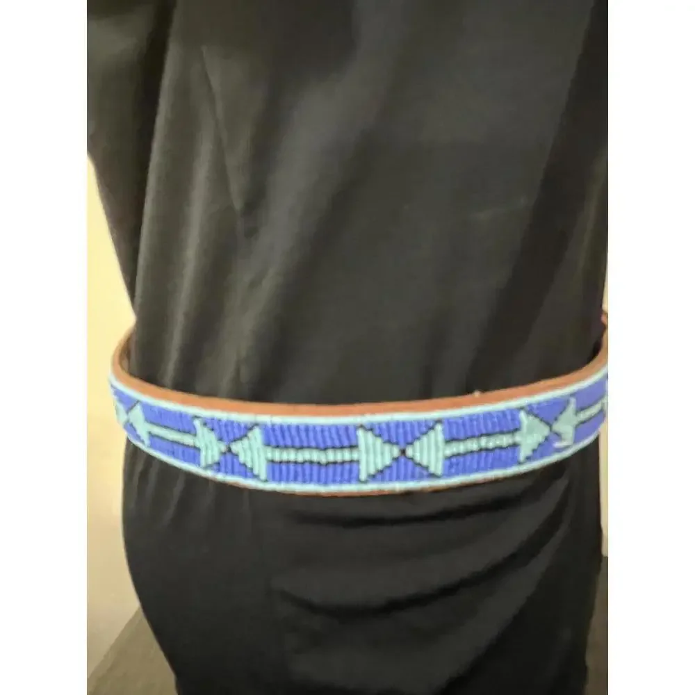 70s Vtg Hand Beaded Blue Southwestern Pattern Tan Leather Belt 35" - Picture 5 of 7